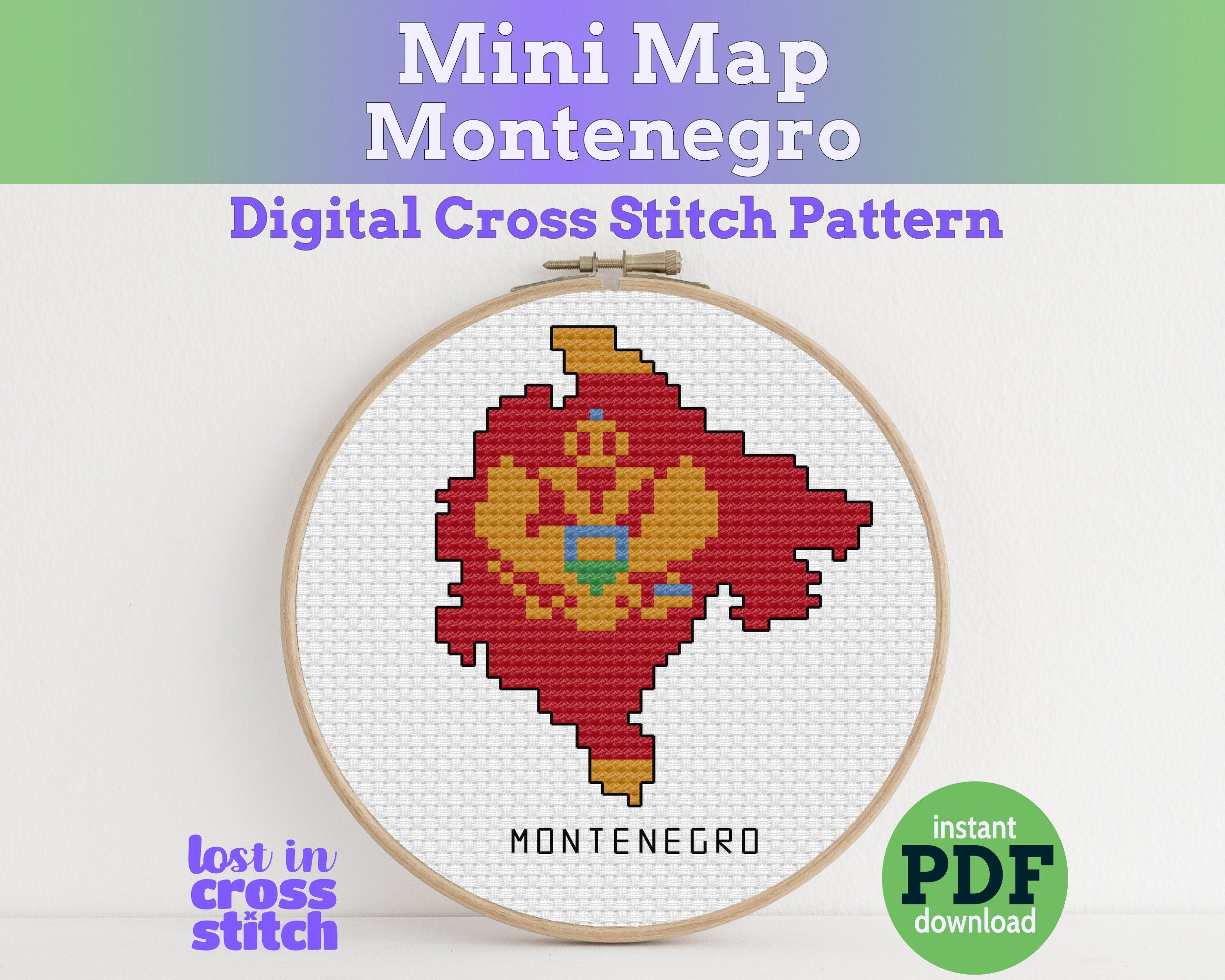 Montenegro Cross Stitch Pattern: Tiny Flag Map Main image