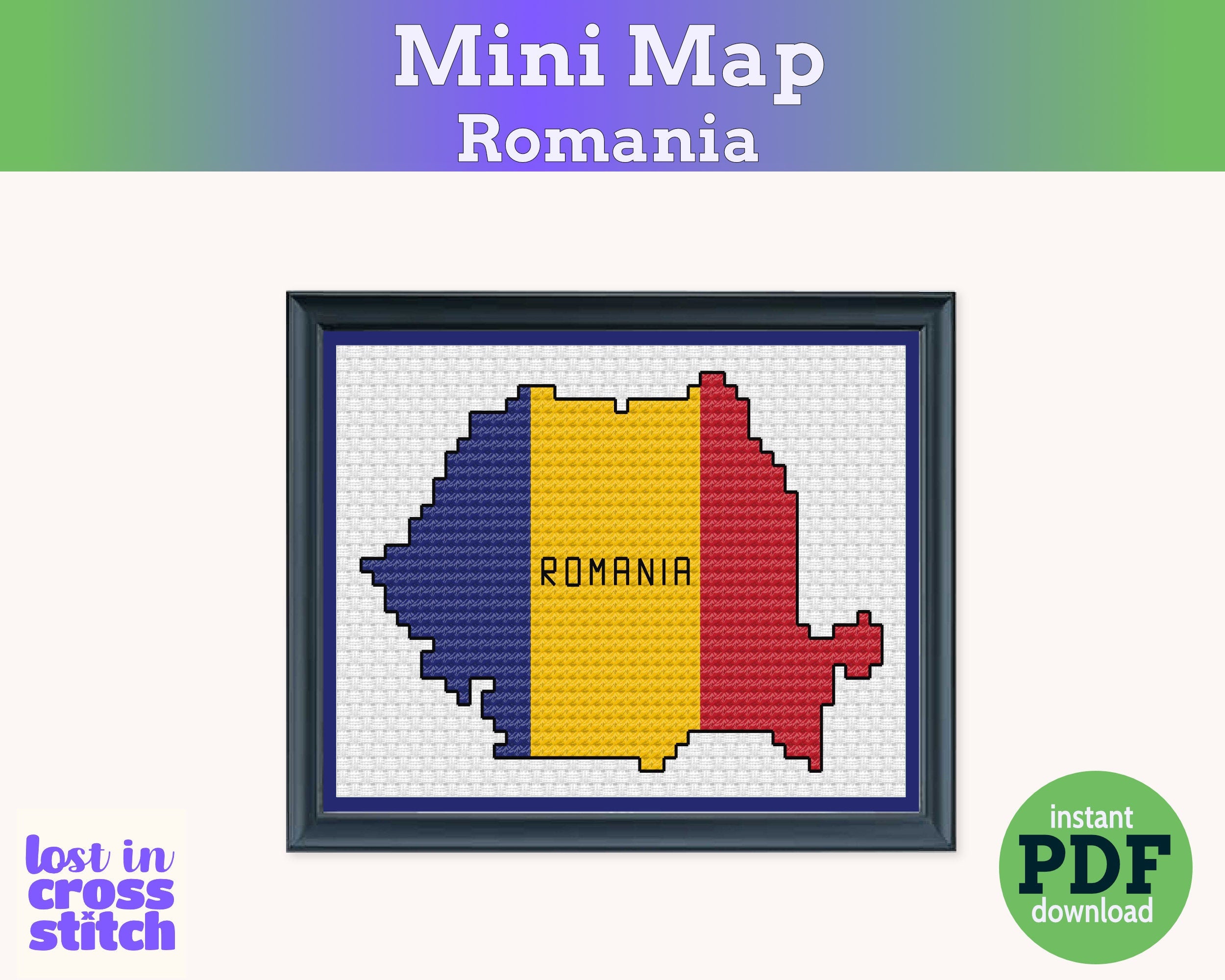 Romania Cross Stitch Pattern: Tiny Flag Map Secondary image