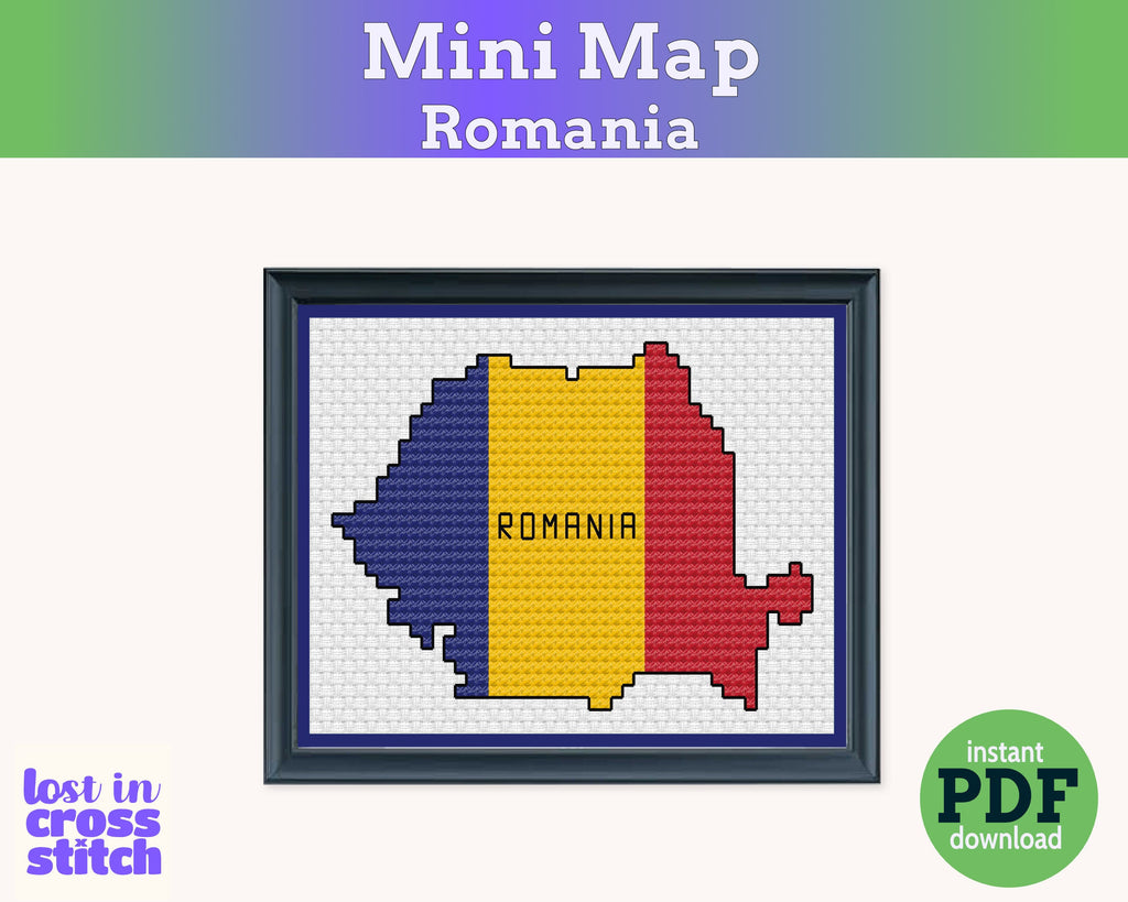 Romania Cross Stitch Pattern: Tiny Flag Map