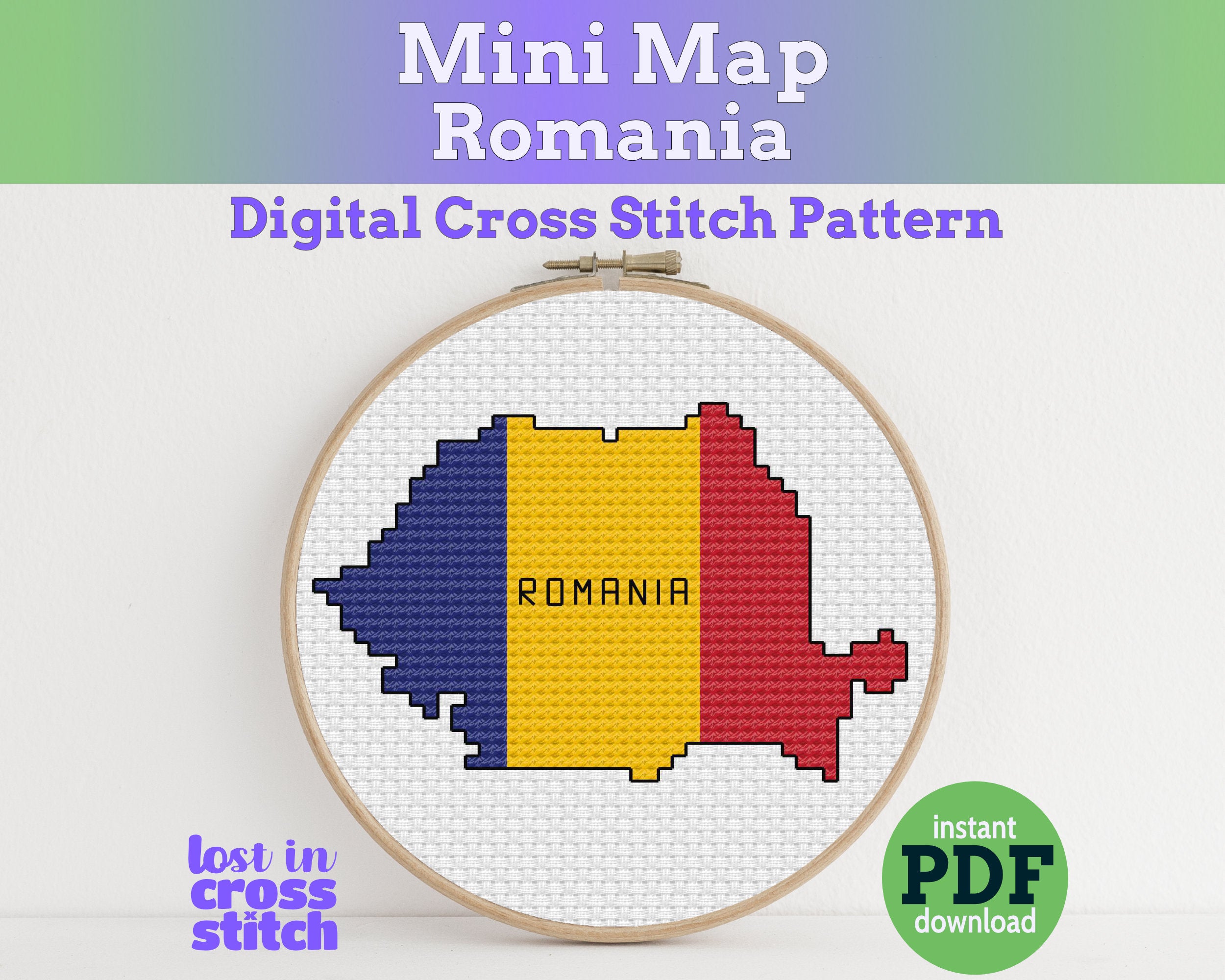 Romania Cross Stitch Pattern: Tiny Flag Map Main image