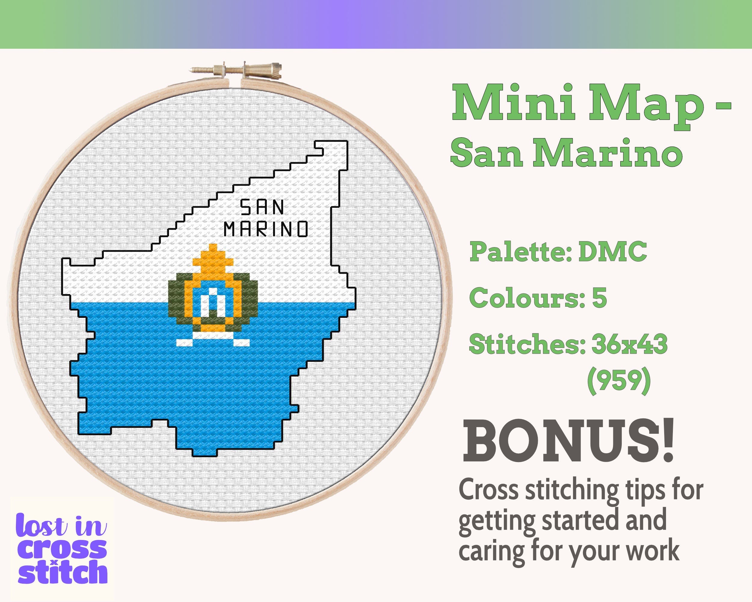San Marino Cross Stitch Pattern: Tiny Flag Map