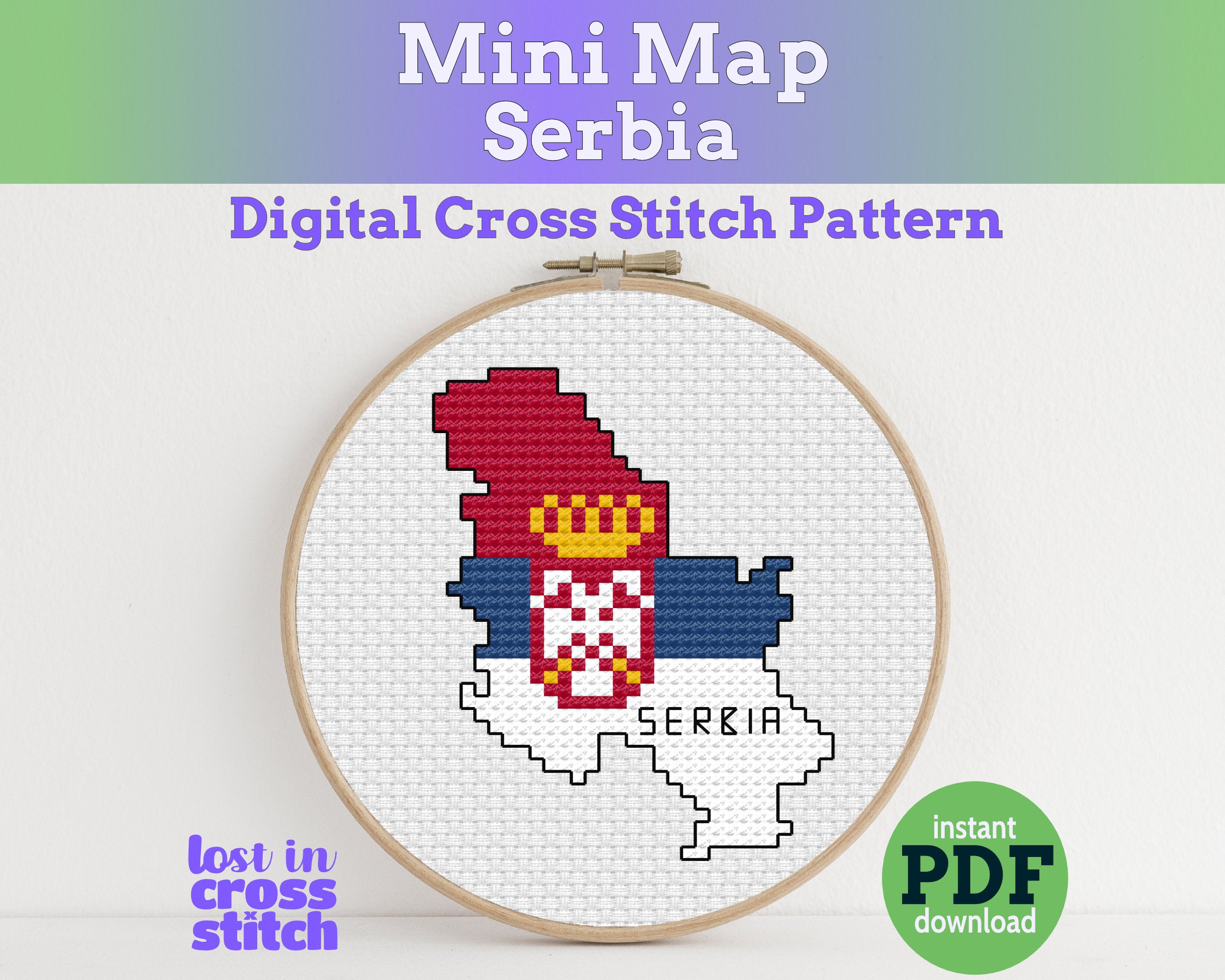 Serbia Cross Stitch Pattern: Tiny Flag Map Main image