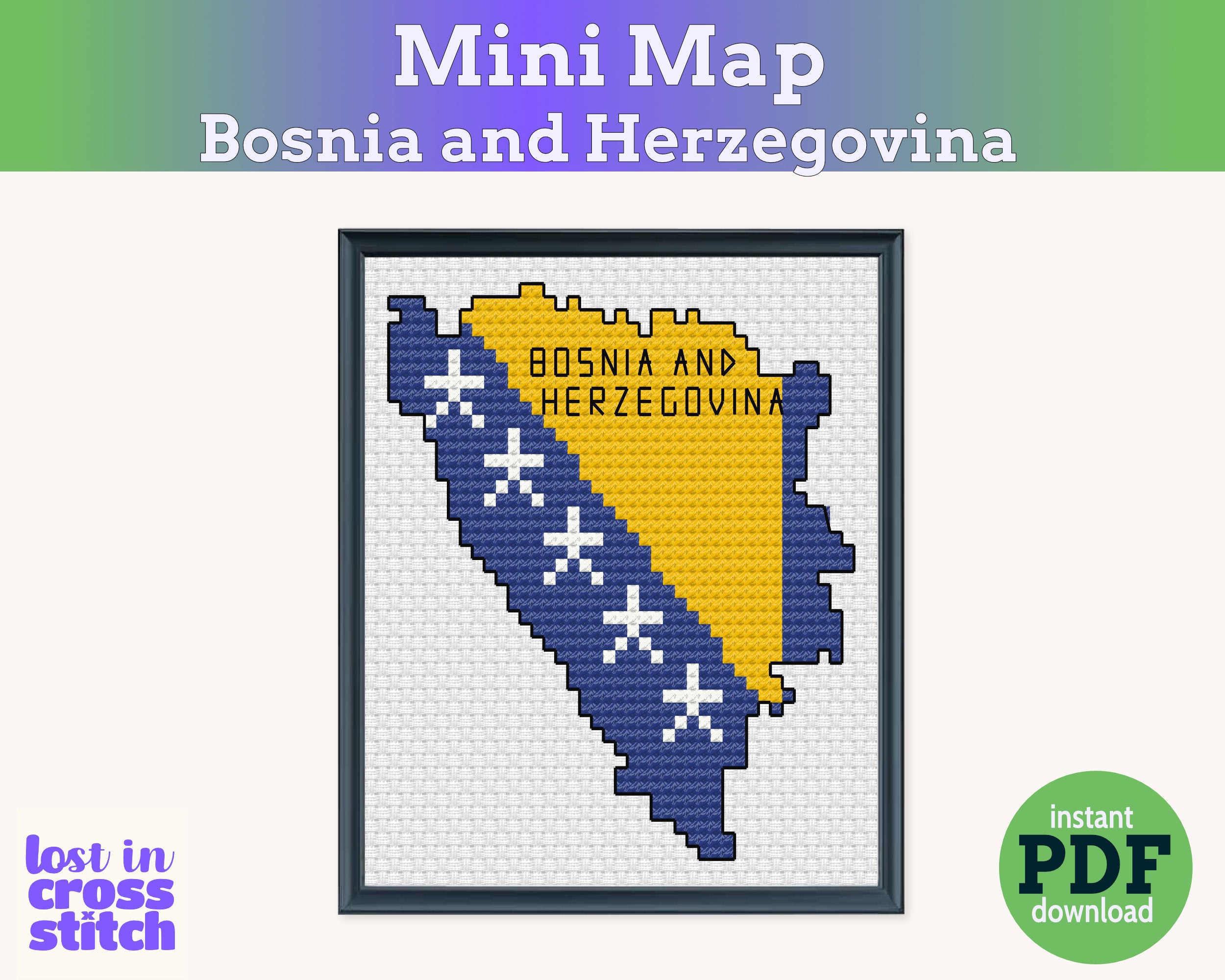 Bosnia and Herzegovina Cross Stitch Pattern: Tiny Flag Map Secondary image