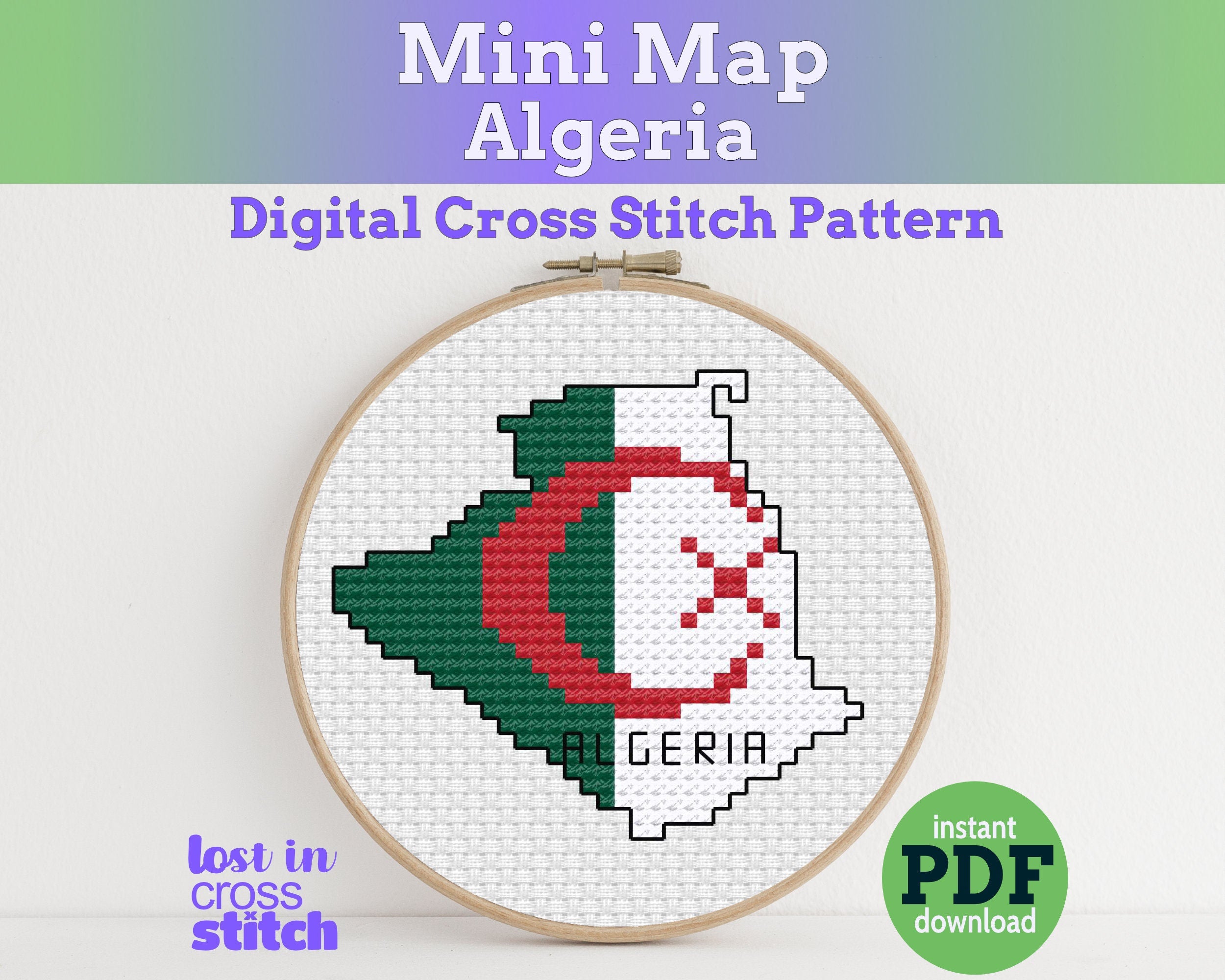 Algeria Cross Stitch Pattern: Mini Flag Map Main image