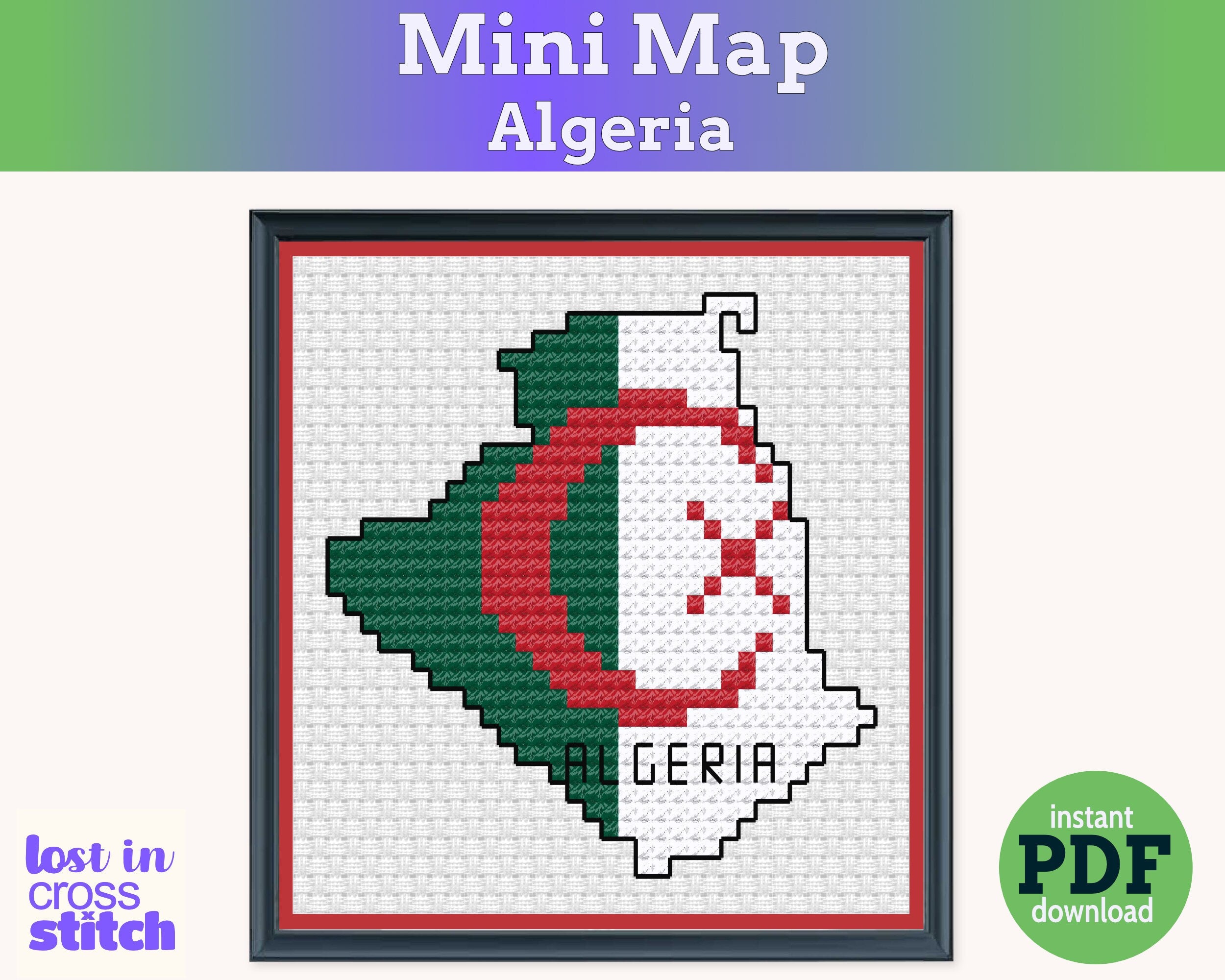 Algeria Cross Stitch Pattern: Mini Flag Map