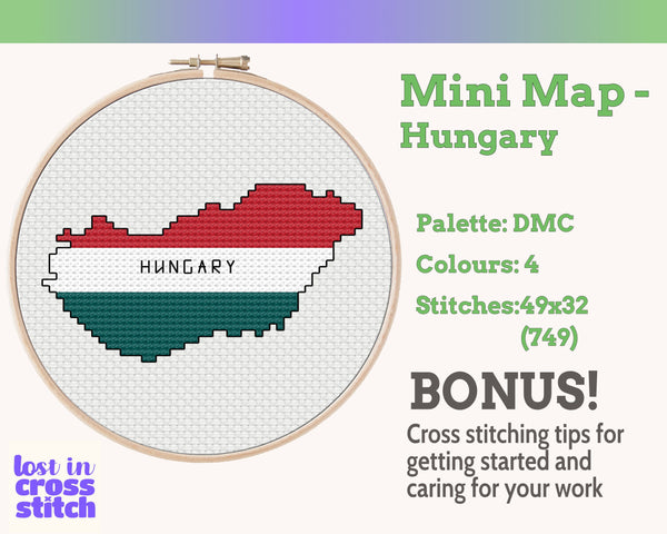 Hungary Cross Stitch Pattern: Tiny Flag Map