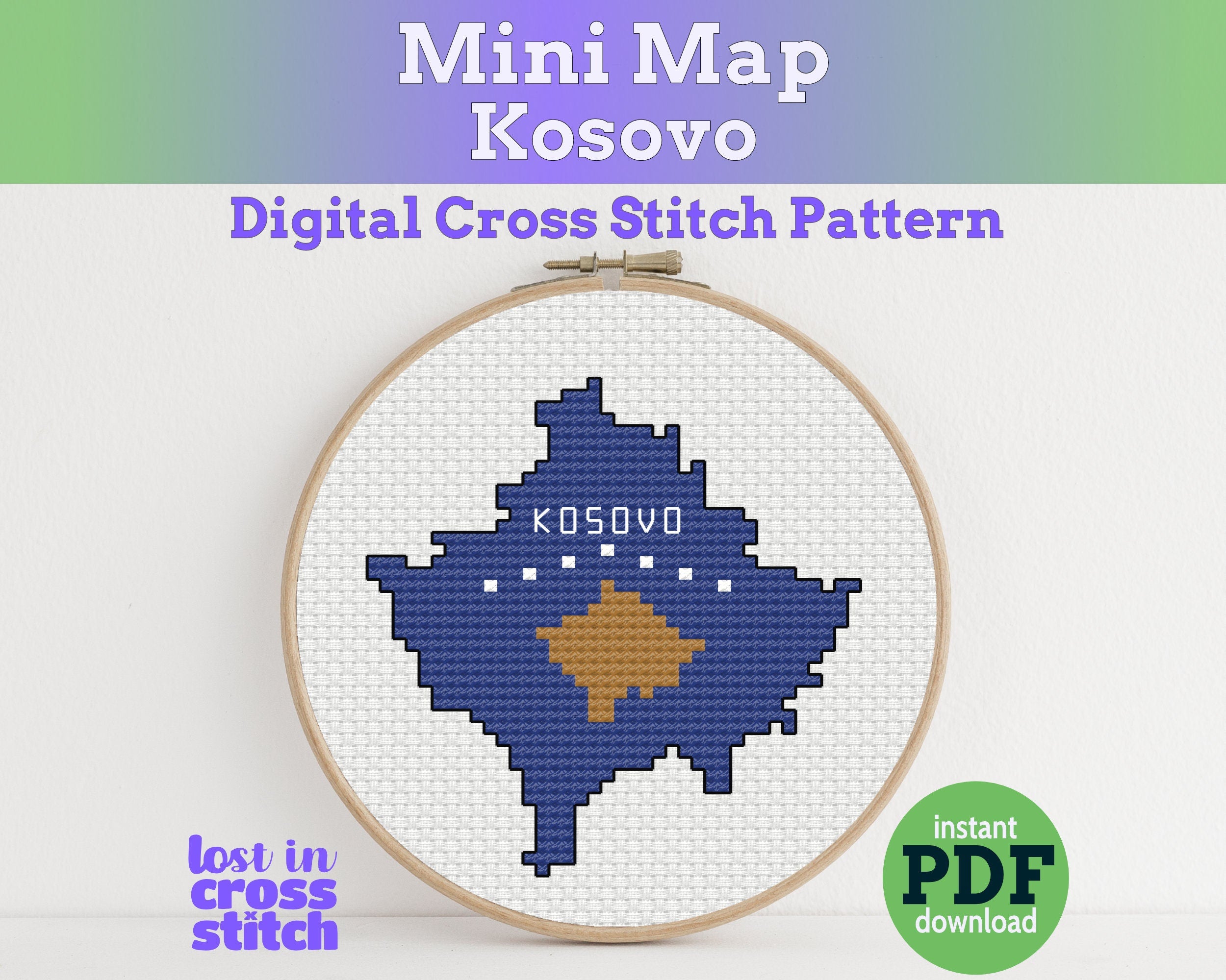 Kosovo Cross Stitch Pattern: Tiny Flag Map Main image