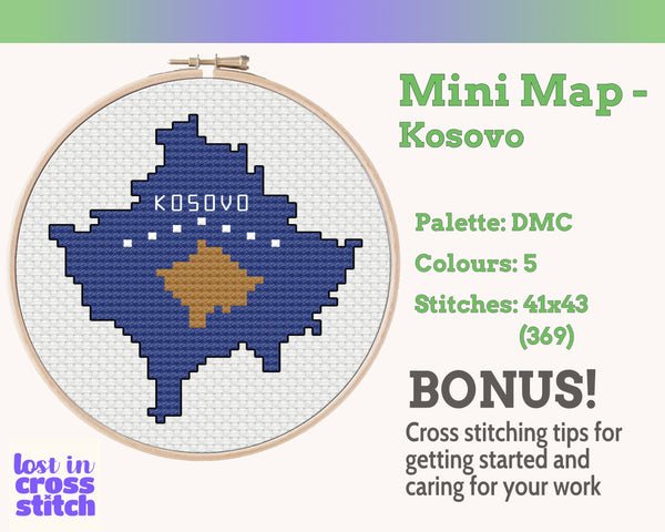Kosovo Cross Stitch Pattern: Tiny Flag Map