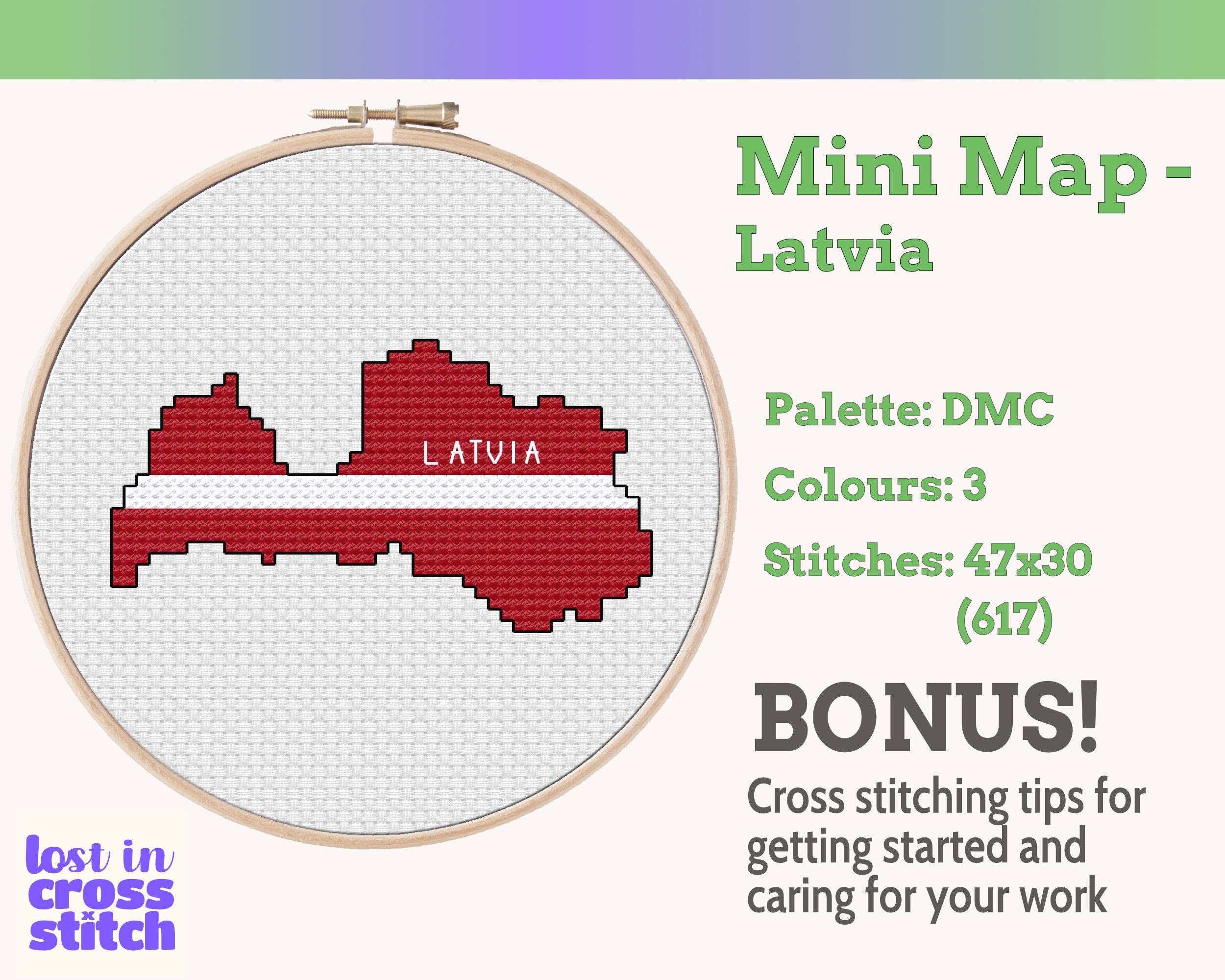 Latvia Cross Stitch Pattern: Tiny Flag Map