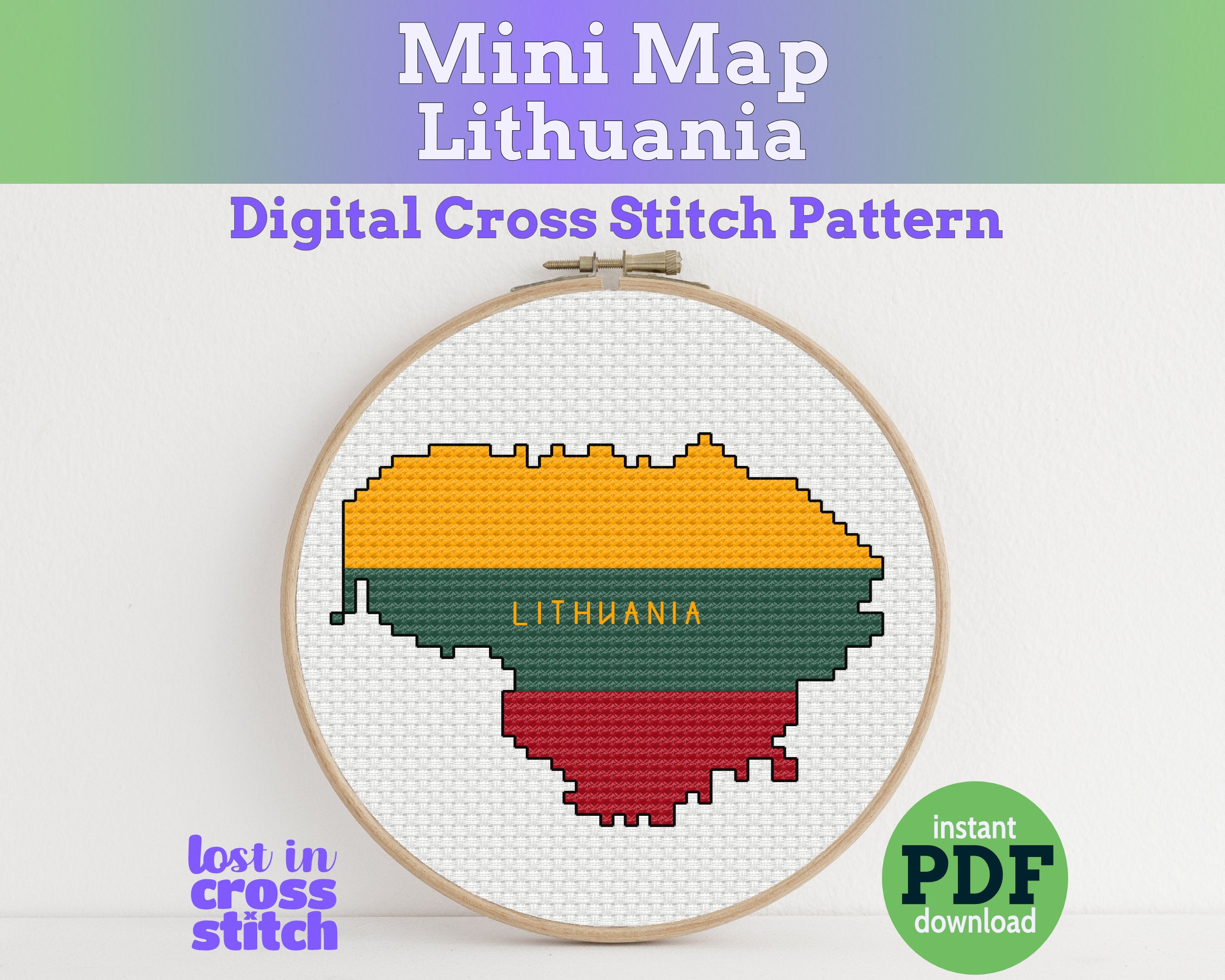 Lithuania Cross Stitch Pattern: Tiny Flag Map Main image