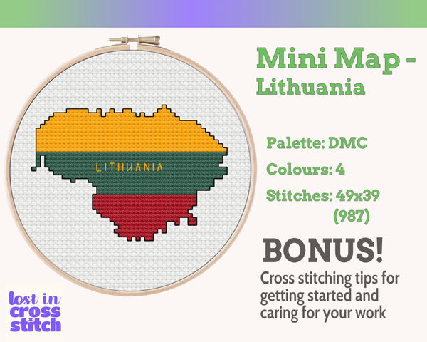 Lithuania Cross Stitch Pattern: Tiny Flag Map