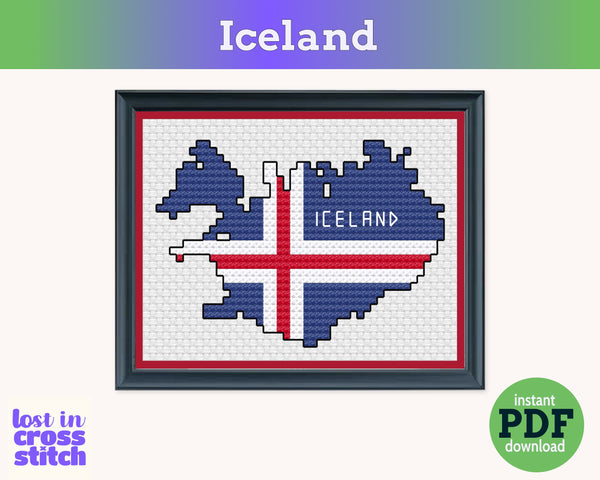 Iceland Cross Stitch Pattern: Tiny Flag Map