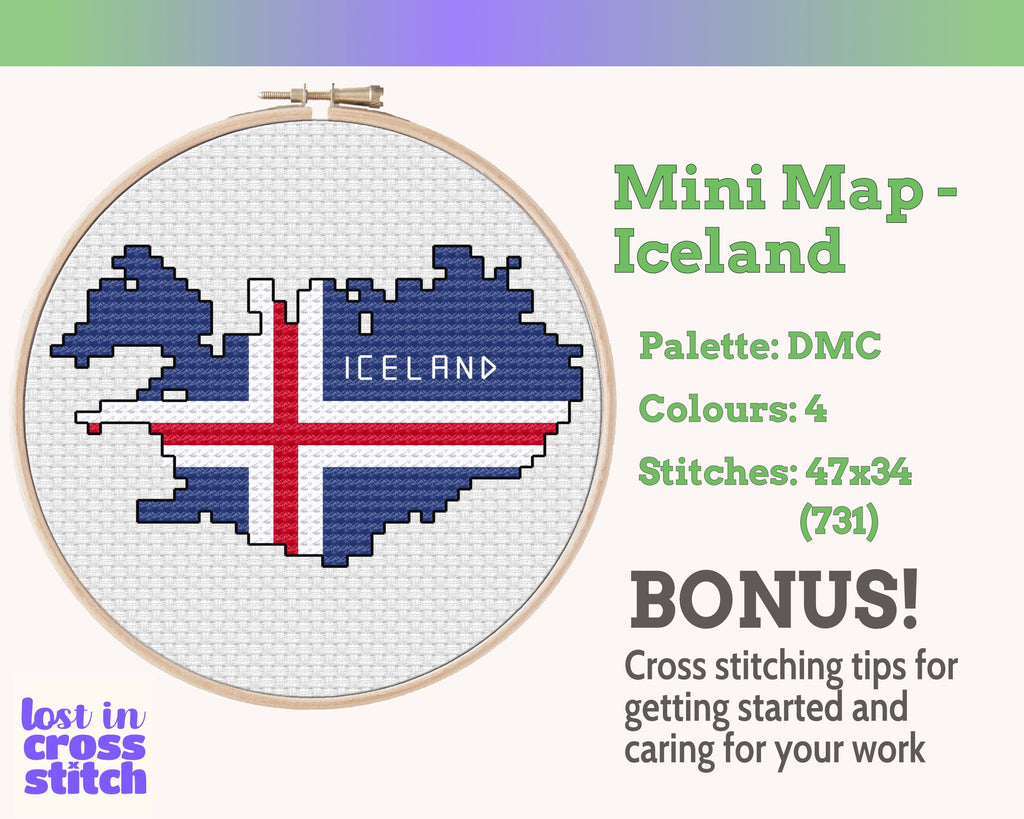 Iceland Cross Stitch Pattern: Tiny Flag Map
