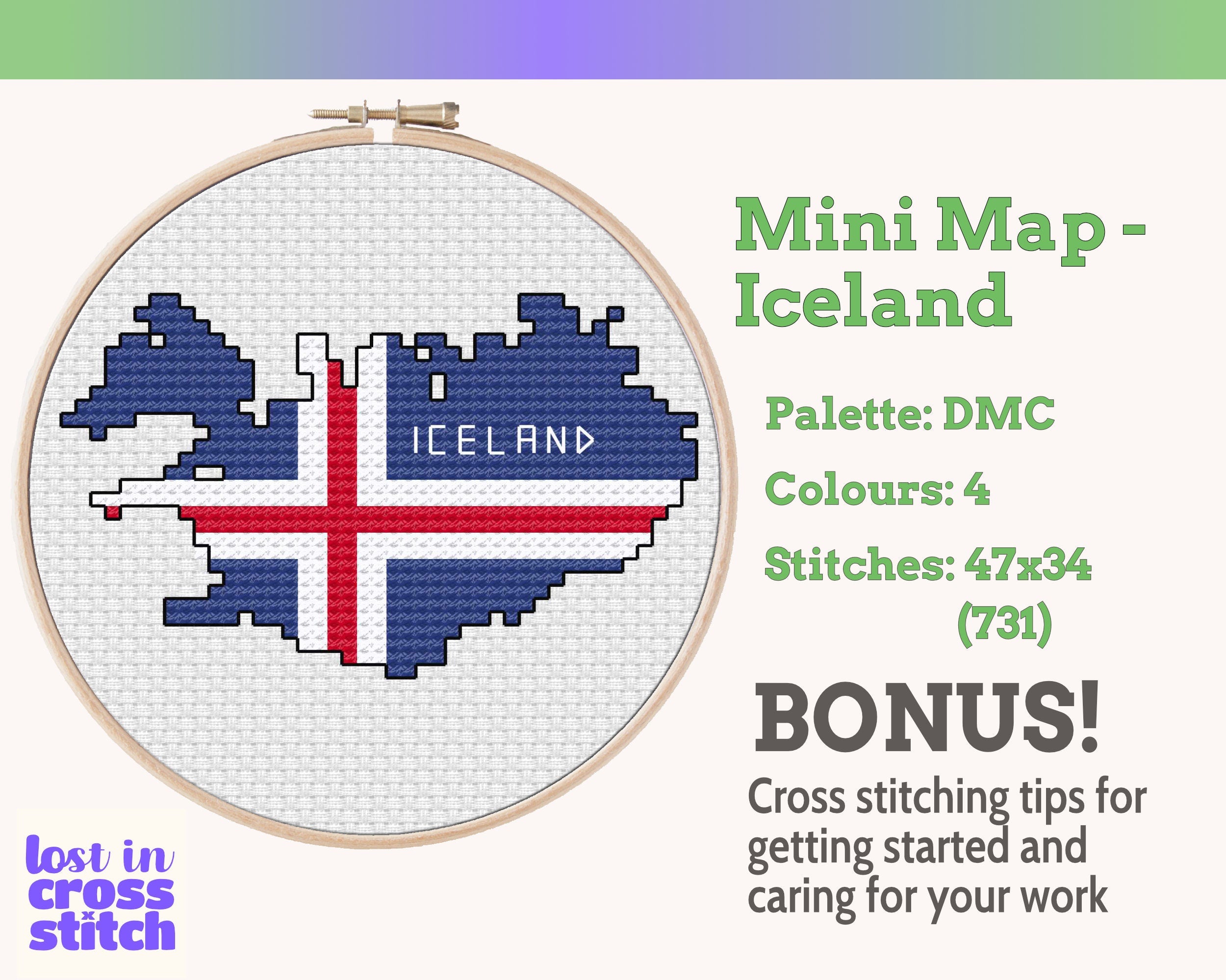 Iceland Cross Stitch Pattern: Tiny Flag Map