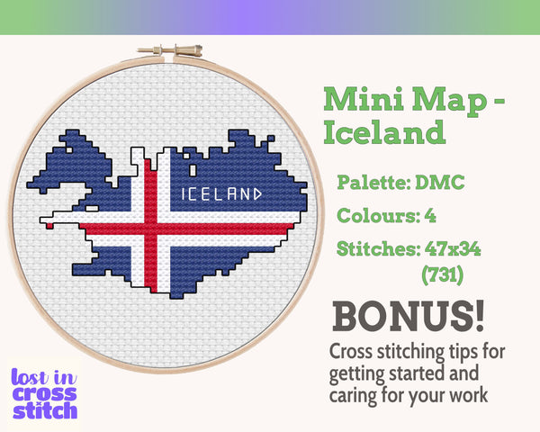 Iceland Cross Stitch Pattern: Tiny Flag Map