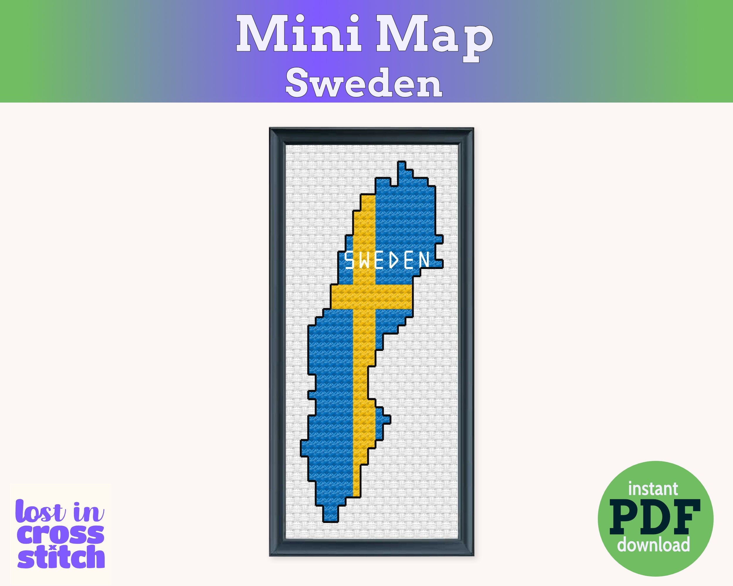 Sweden Cross Stitch Pattern: Tiny Flag Map Secondary image
