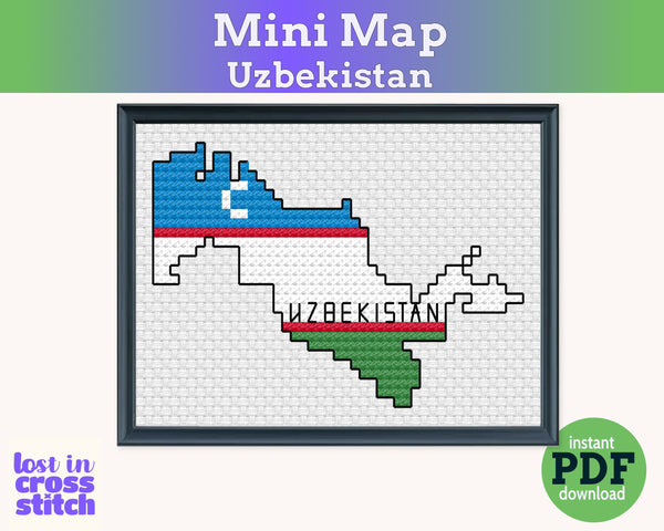 Uzbekistan Cross Stitch Pattern: Mini Flag Map