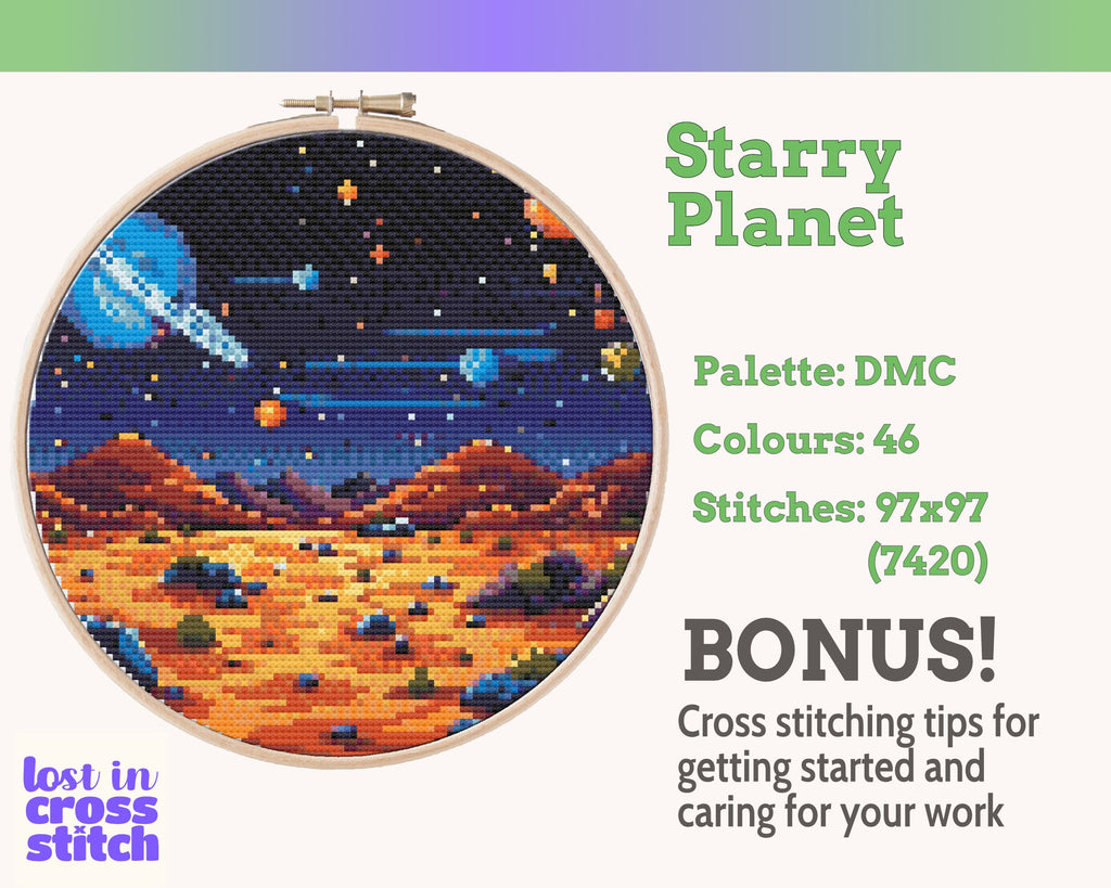 Starry Planet Landscape Cross Stitch Pattern PDF