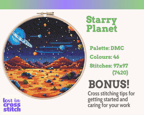 Starry Planet Landscape Cross Stitch Pattern PDF