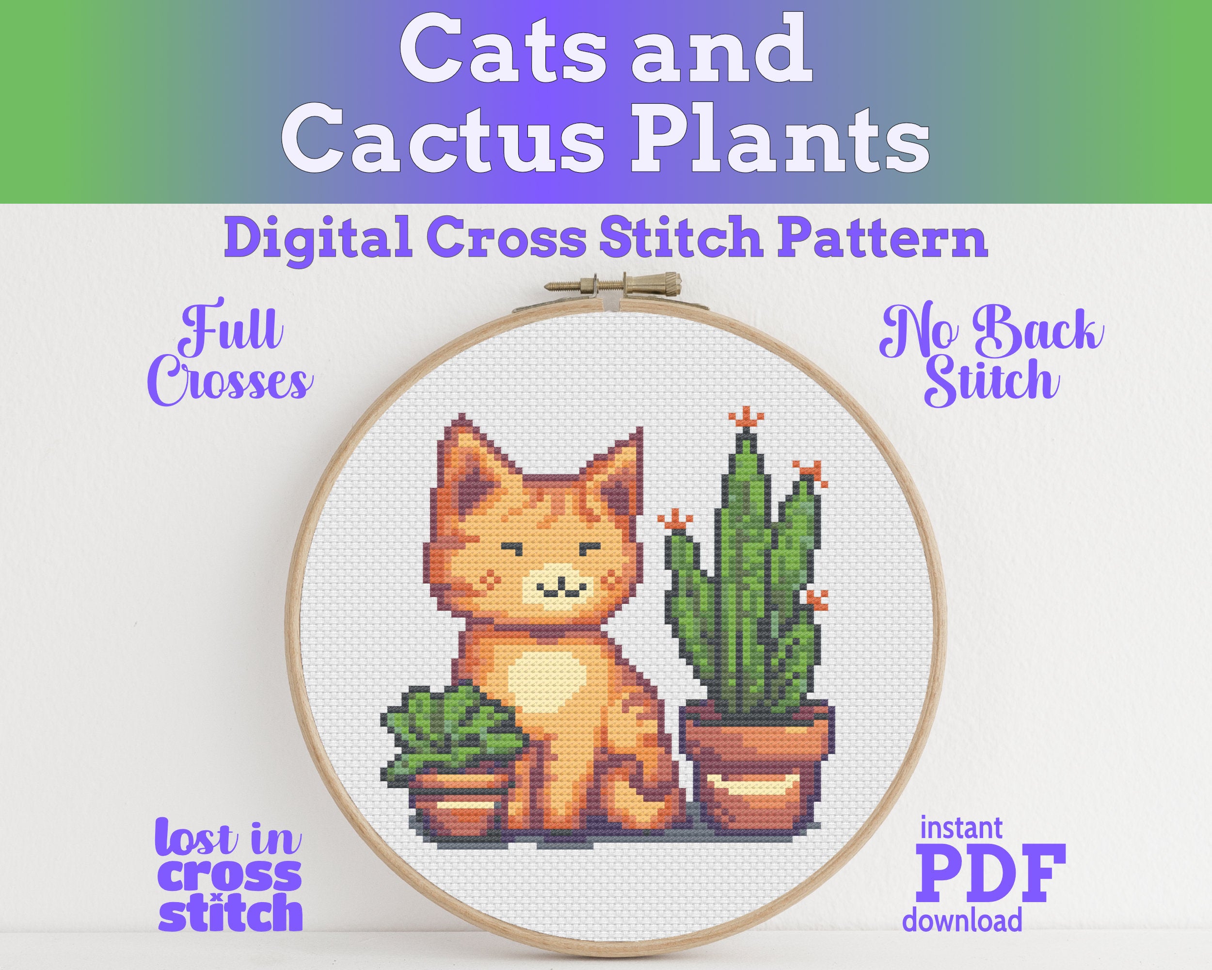 Kitten and Cactus Cross Stitch Pattern PDF Main image
