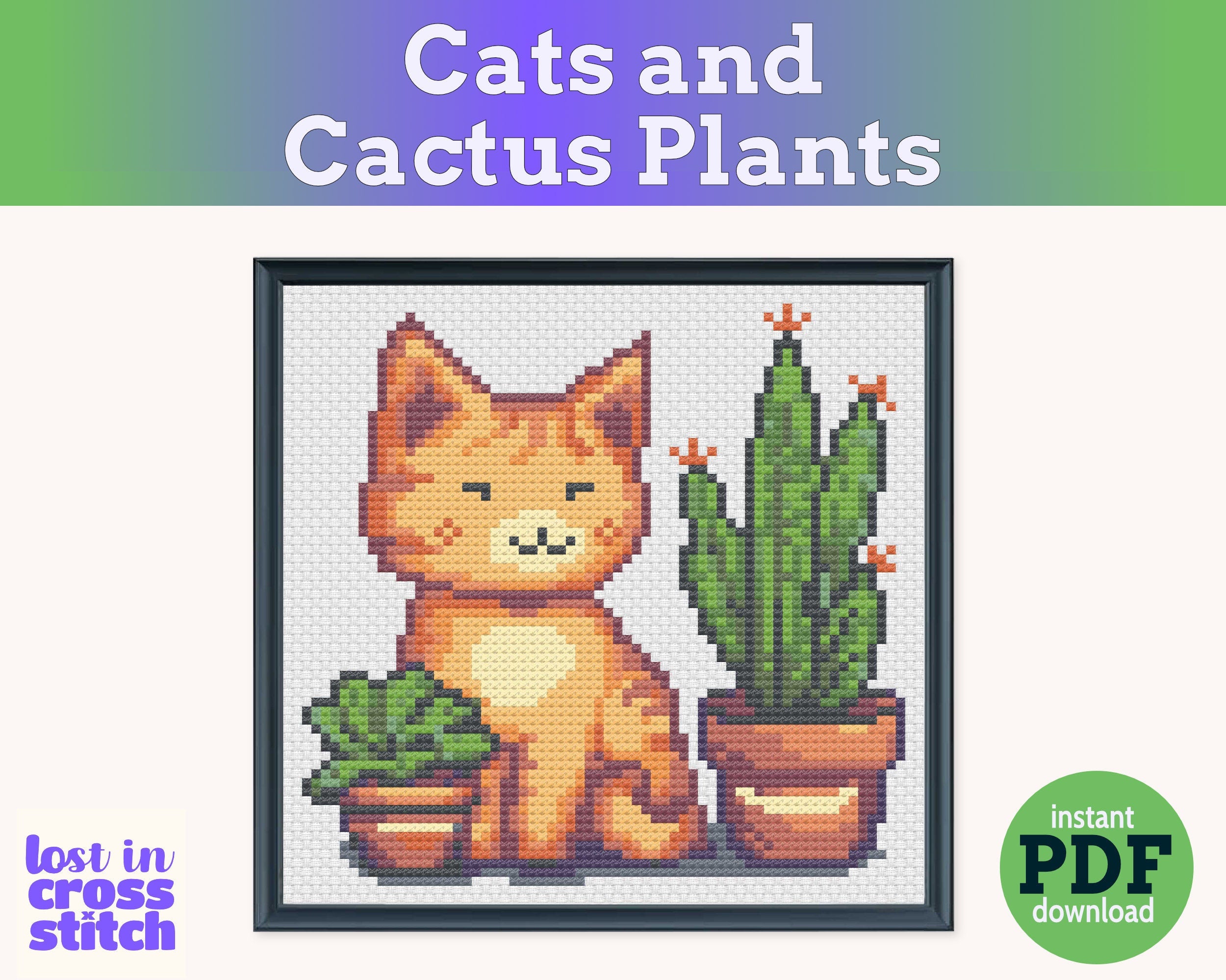 Kitten and Cactus Cross Stitch Pattern PDF