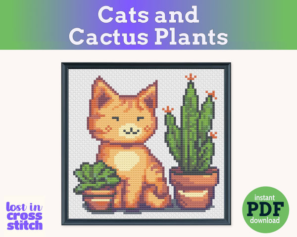 Kitten and Cactus Cross Stitch Pattern PDF