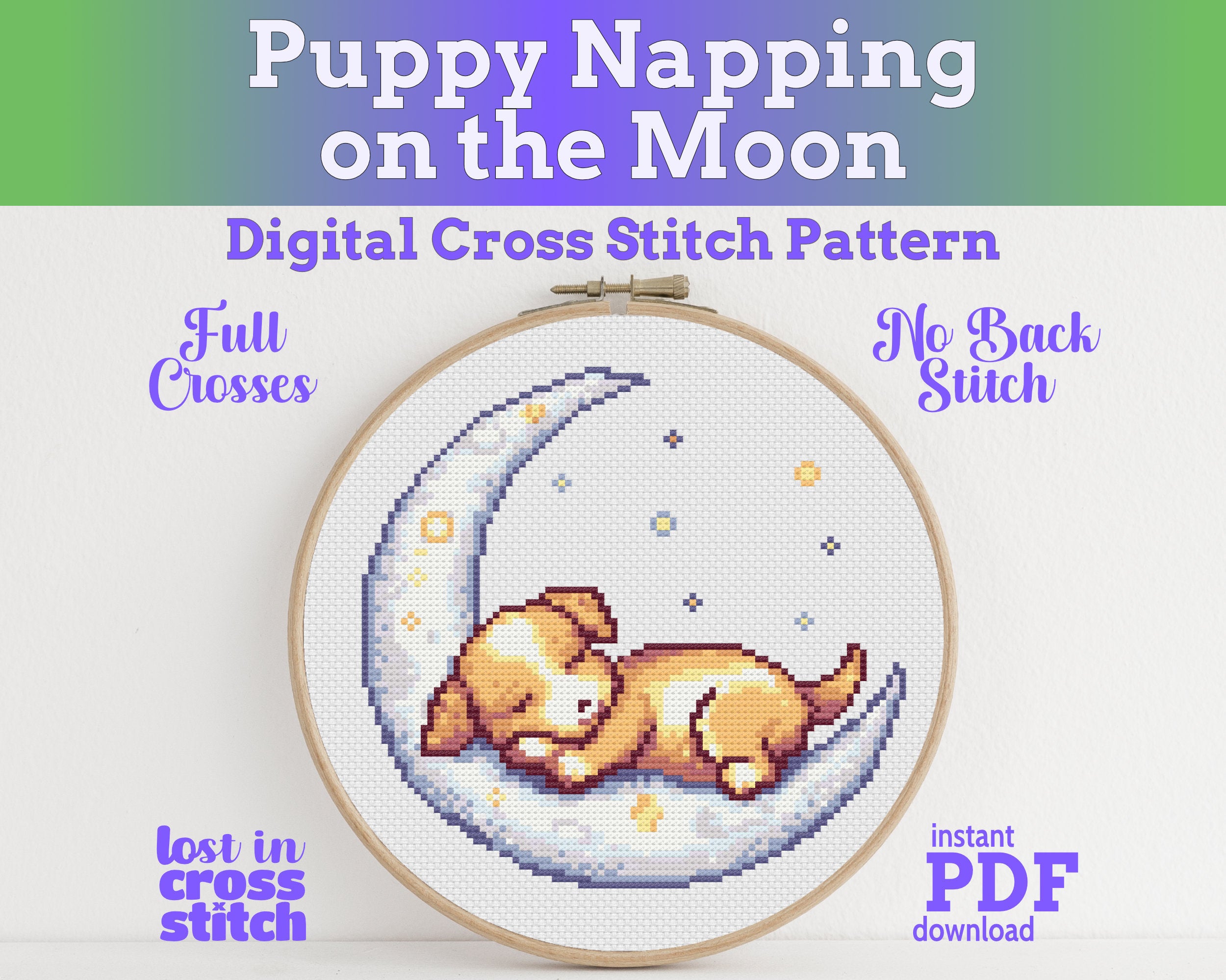 Puppy Sleeping on the Moon Cross Stitch Pattern PDF Main image