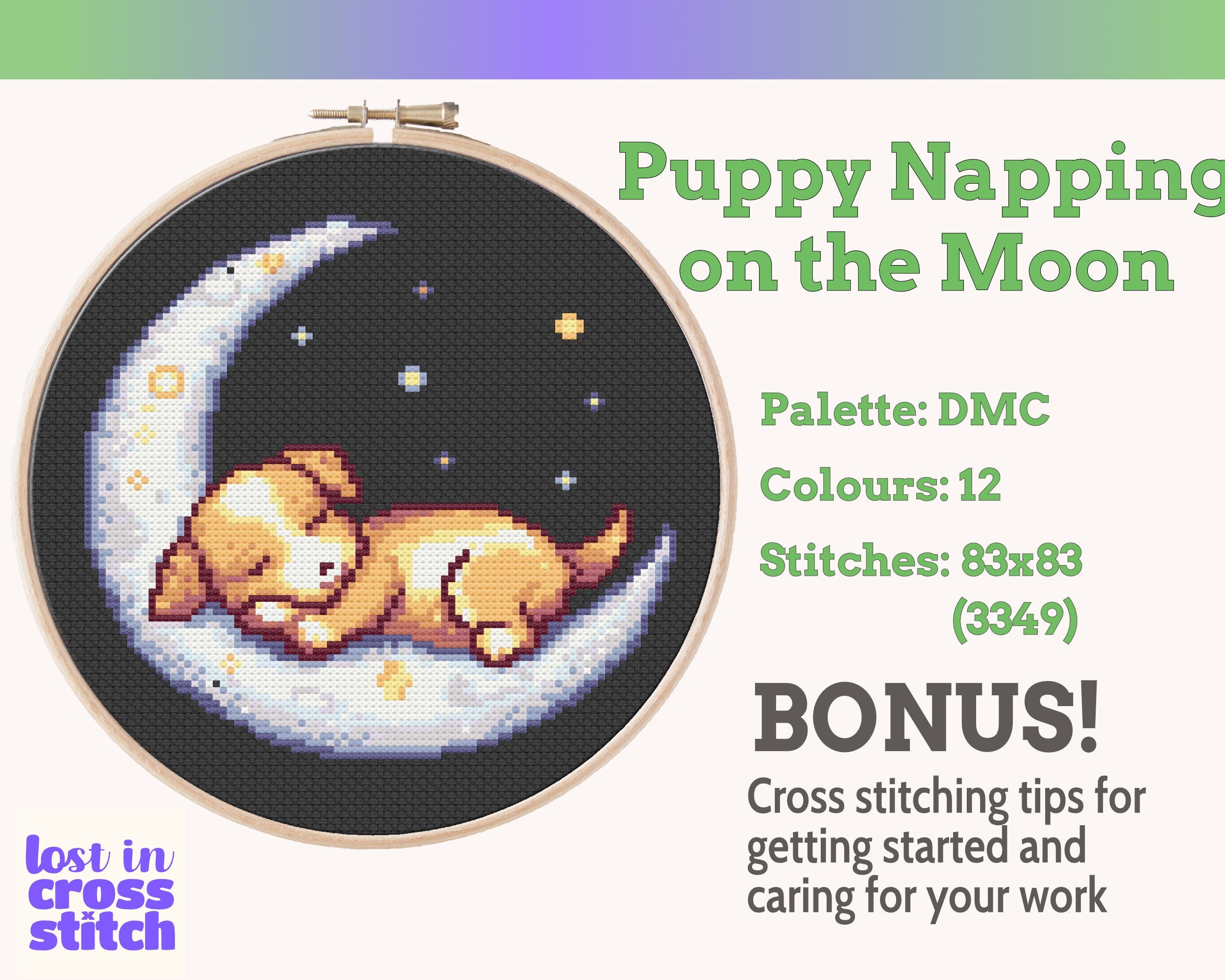 Puppy Sleeping on the Moon Cross Stitch Pattern PDF