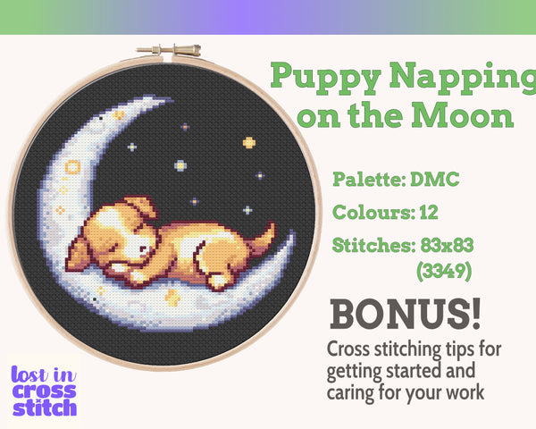 Puppy Sleeping on the Moon Cross Stitch Pattern PDF