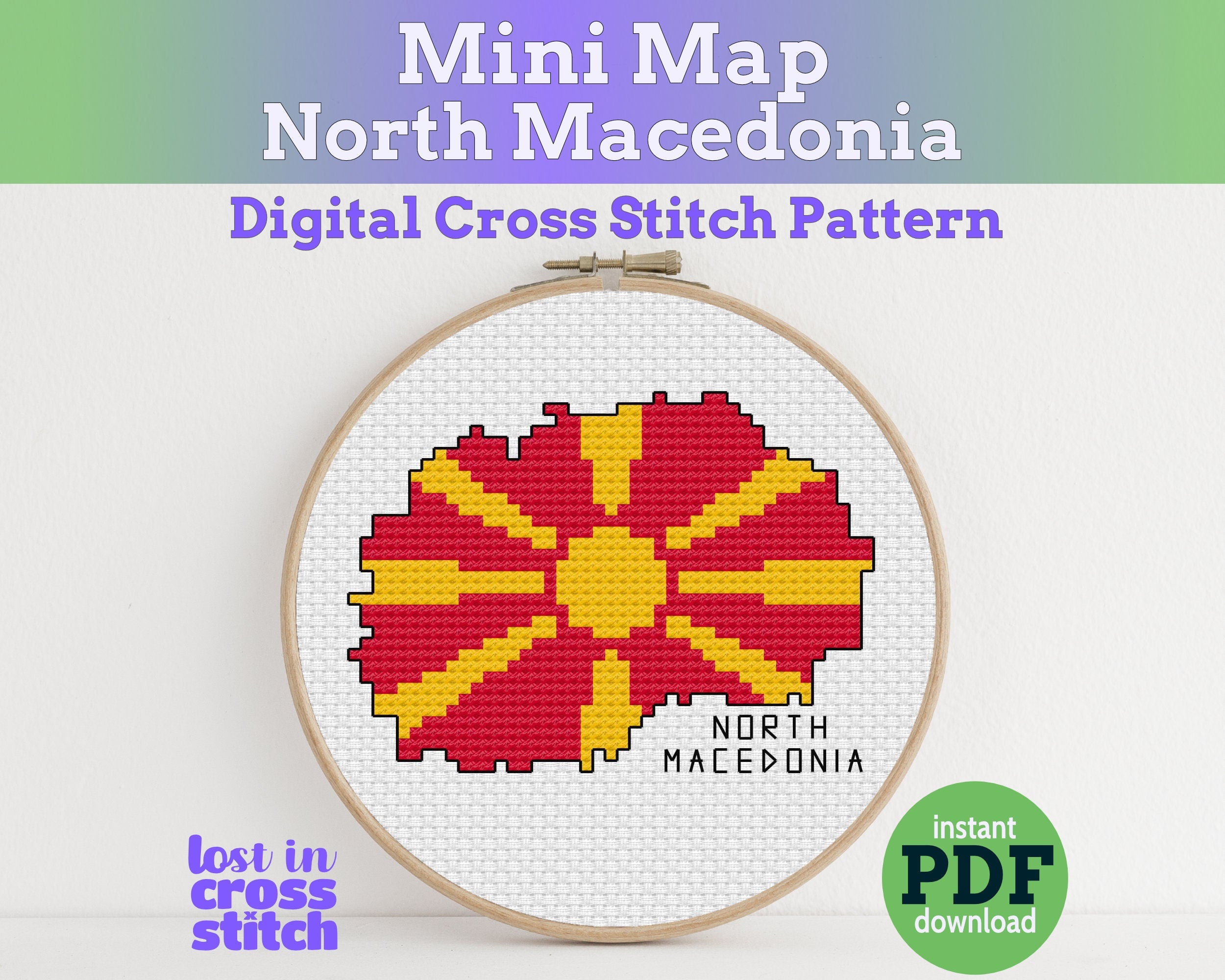 North Macedonia Cross Stitch Pattern: Tiny Flag Map Main image