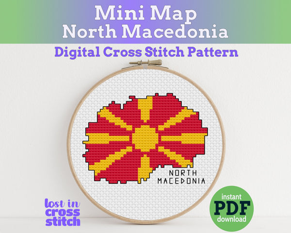 North Macedonia Cross Stitch Pattern: Tiny Flag Map