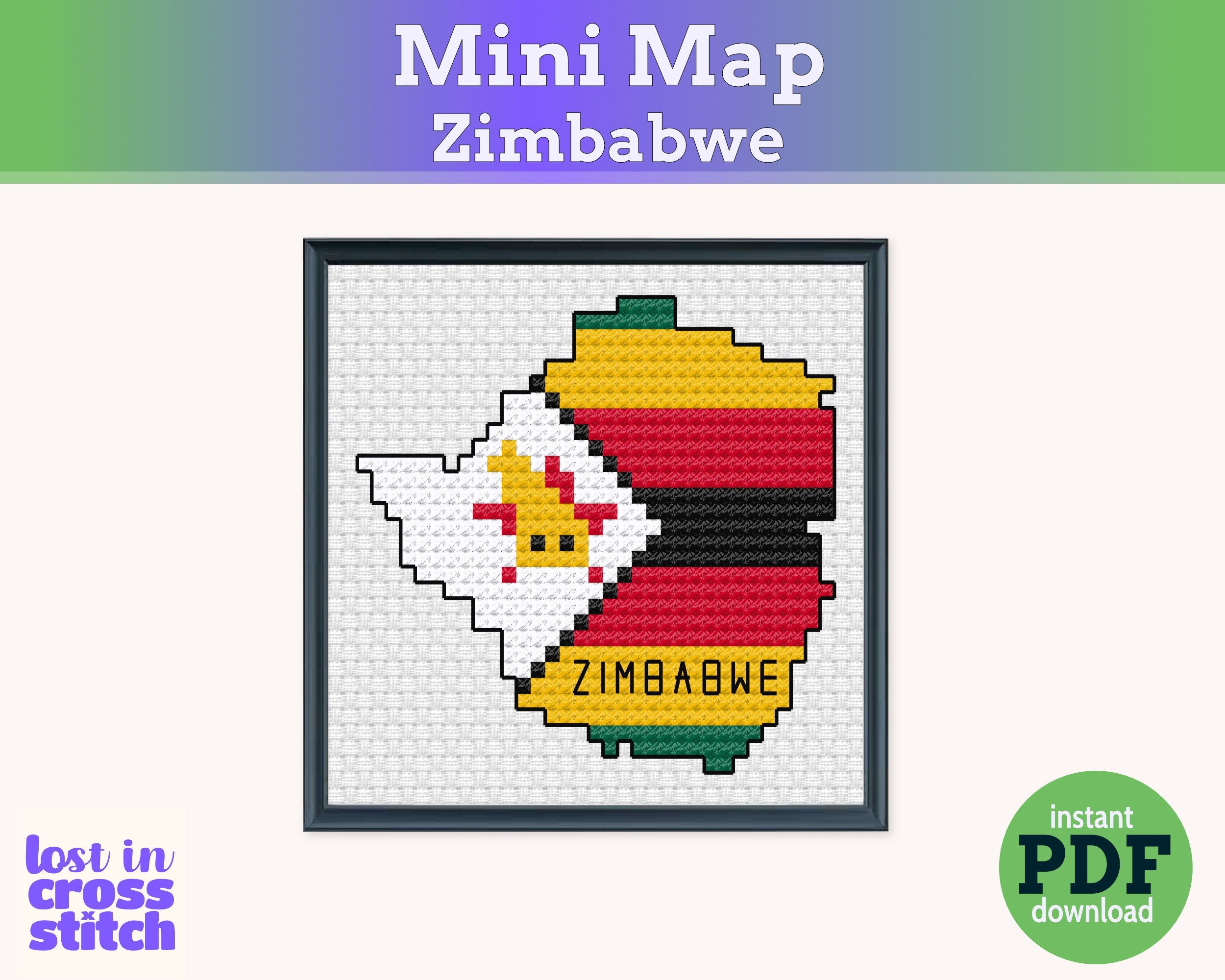 Zimbabwe Cross Stitch Pattern: Tiny Flag Map
