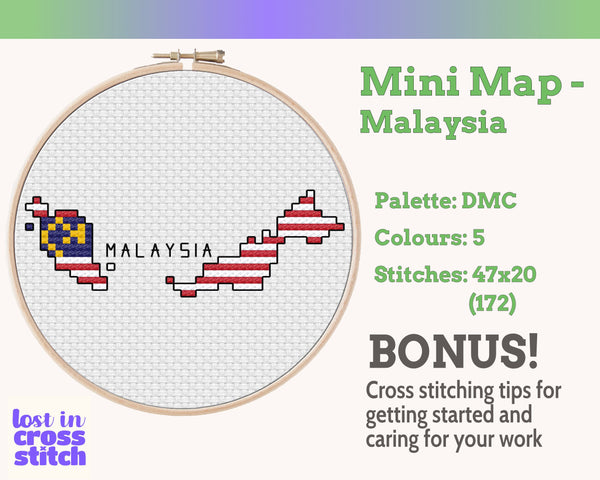 Malaysia Cross Stitch Pattern: Mini Flag Map