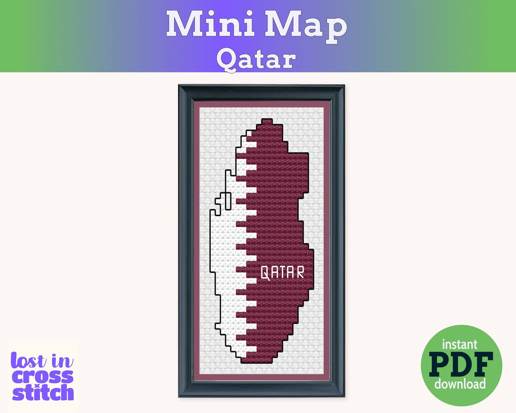 A mini Qatar flag map cross stitch pattern: maroon and white in 3 DMC shades. A small finish for Doha expat memories or Qatari heritage.
