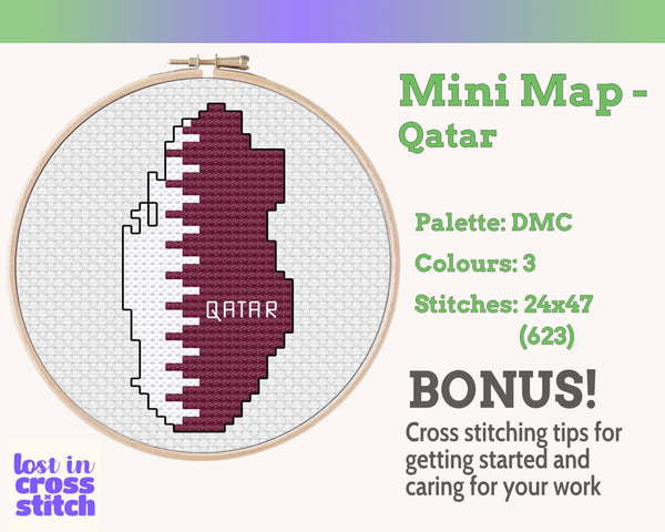 A mini Qatar flag map cross stitch pattern: maroon and white in 3 DMC shades. A small finish for Doha expat memories or Qatari heritage.