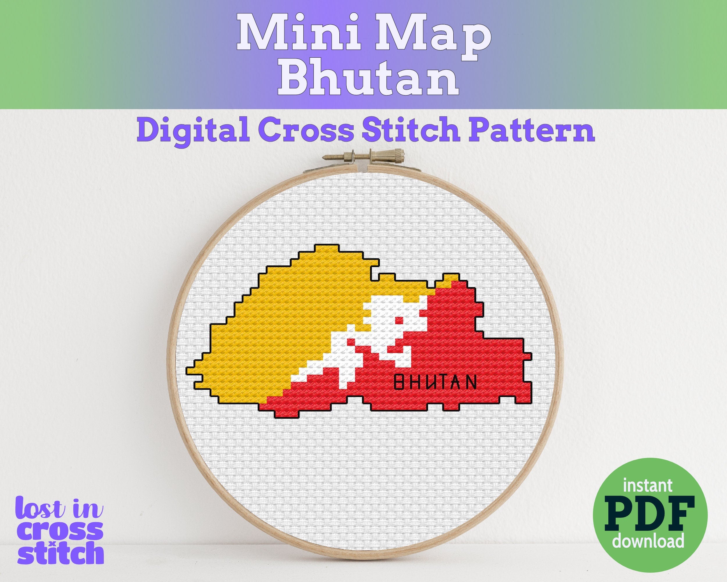 Bhutan Cross Stitch Pattern: Tiny Flag Map