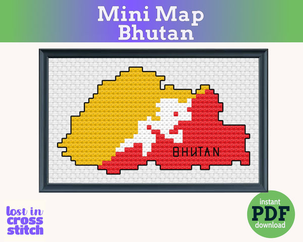 Bhutan Cross Stitch Pattern: Tiny Flag Map
