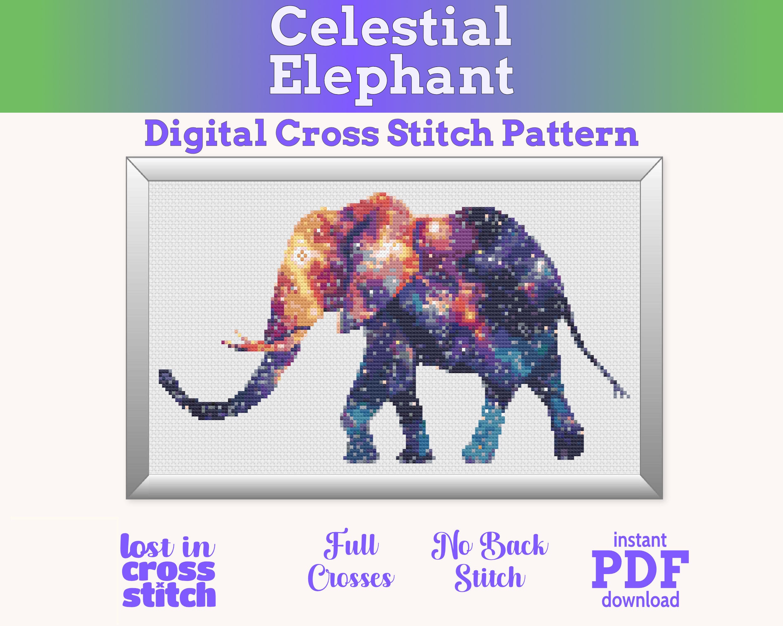 Celestial Elephant Cross Stitch Pattern PDF Main image