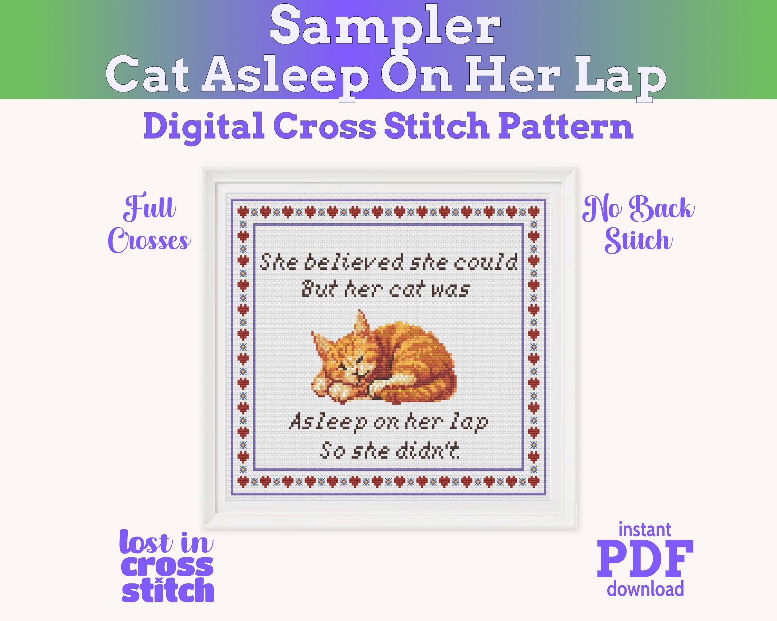 She Believed She Could But Her Cat Was Asleep Cross Stitch Pattern PDF (Ginger Cat) Main image