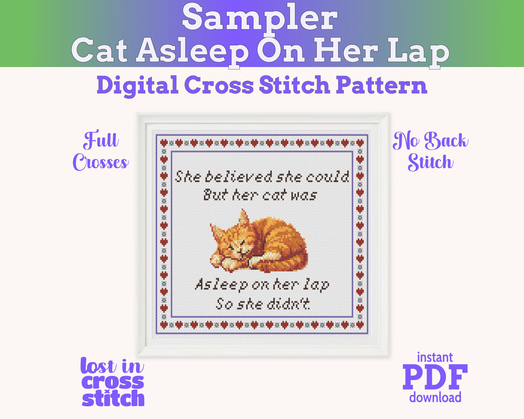 She Believed She Could But Her Cat Was Asleep Cross Stitch Pattern PDF (Ginger Cat)