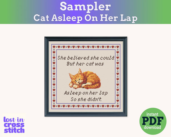 She Believed She Could But Her Cat Was Asleep Cross Stitch Pattern PDF (Ginger Cat)