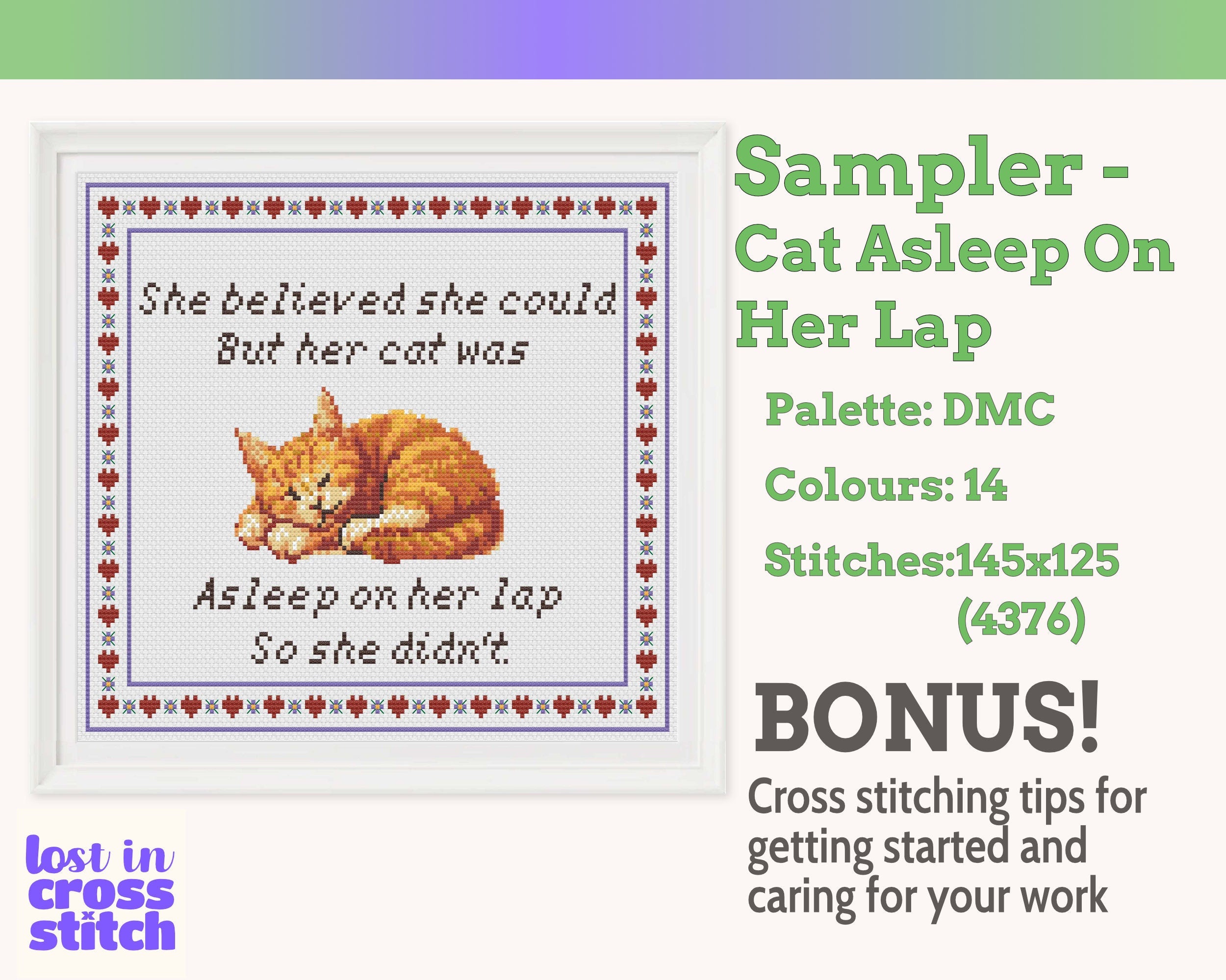 She Believed She Could But Her Cat Was Asleep Cross Stitch Pattern PDF (Ginger Cat)