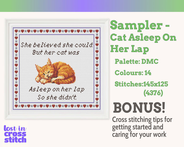 She Believed She Could But Her Cat Was Asleep Cross Stitch Pattern PDF (Ginger Cat)