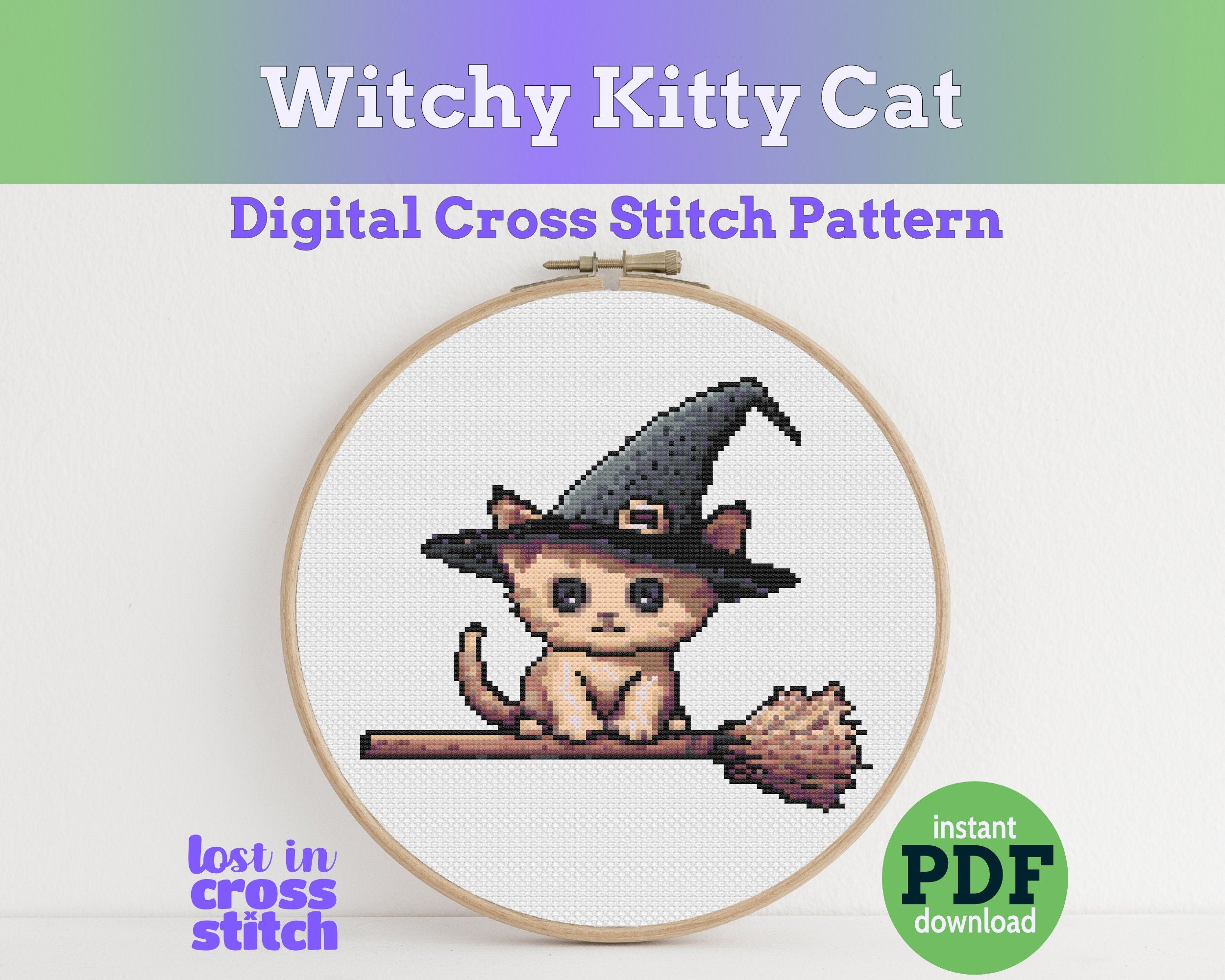 Witchy Kitten Cross Stitch Pattern PDF Main image