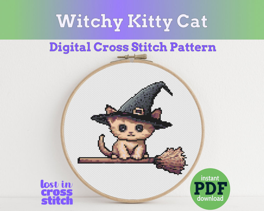 Witchy Kitten Cross Stitch Pattern PDF