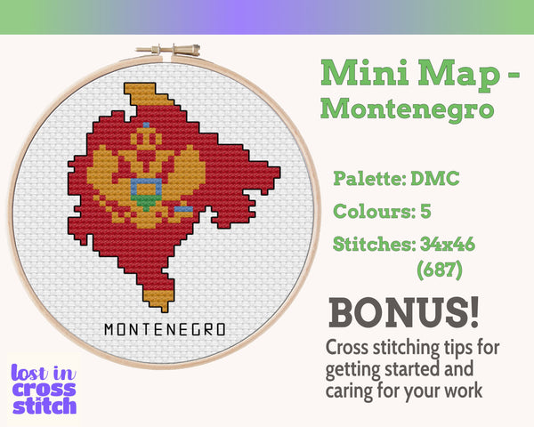 Montenegro Cross Stitch Pattern: Tiny Flag Map