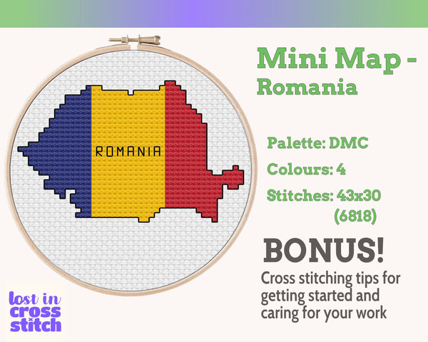 Romania Cross Stitch Pattern: Tiny Flag Map