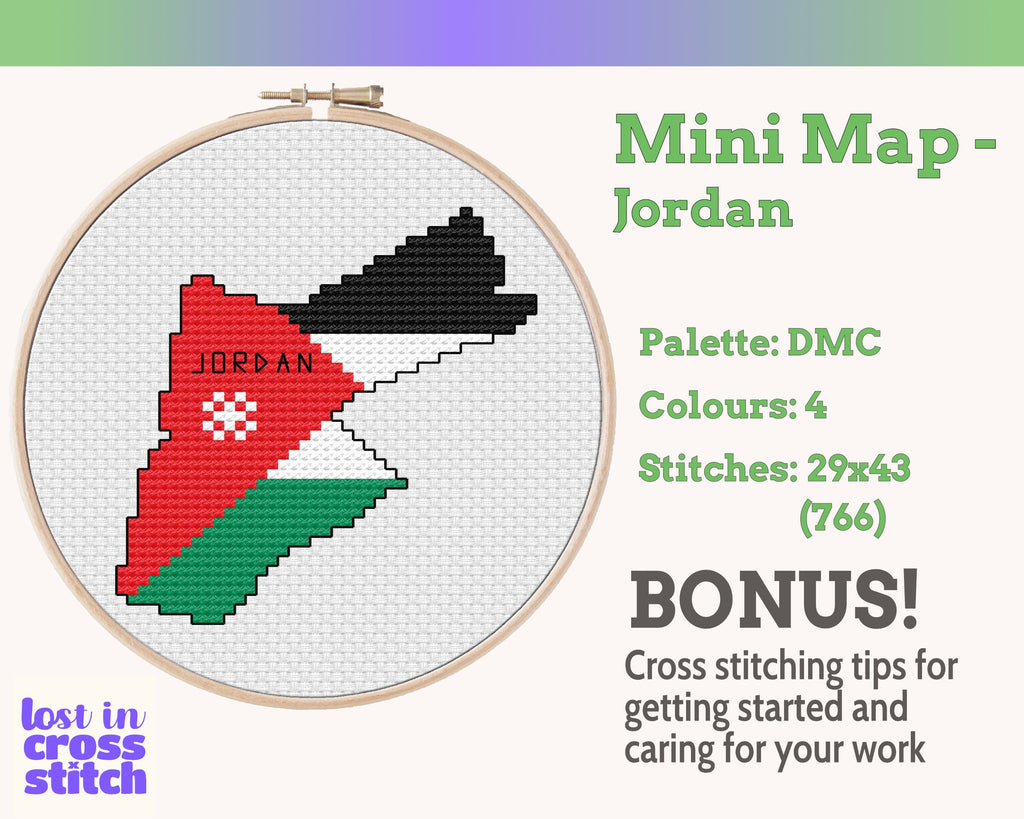 Jordan Cross Stitch Pattern: Tiny Flag Map