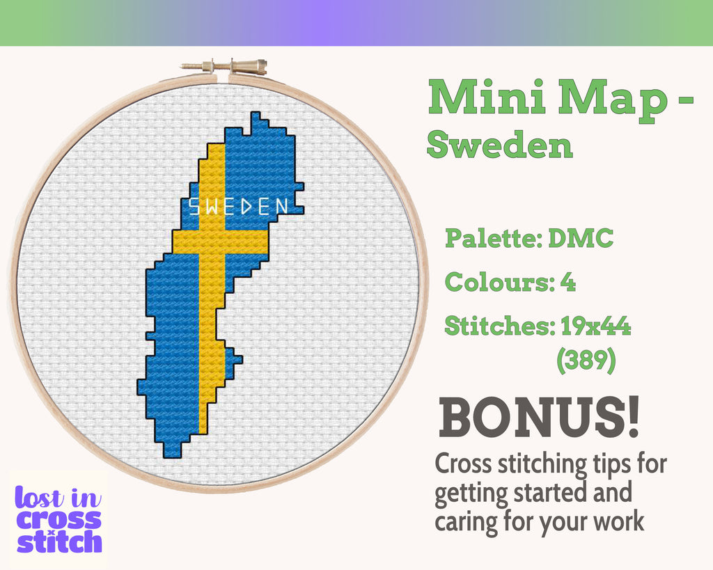 Sweden Cross Stitch Pattern: Tiny Flag Map