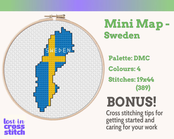 Sweden Cross Stitch Pattern: Tiny Flag Map